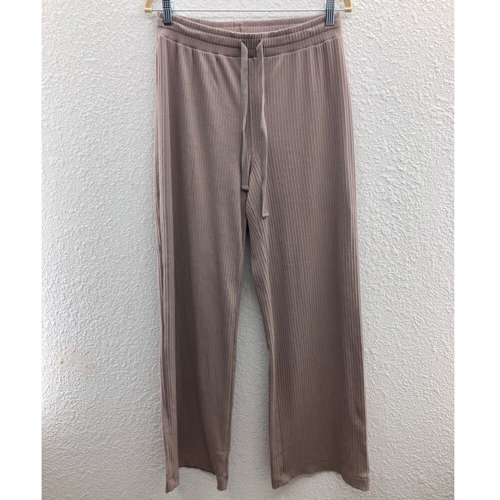 H&M Tan High Rise Pull On Ribbed Stretch Wide Leg Elastic Drawstring Lounge Pant